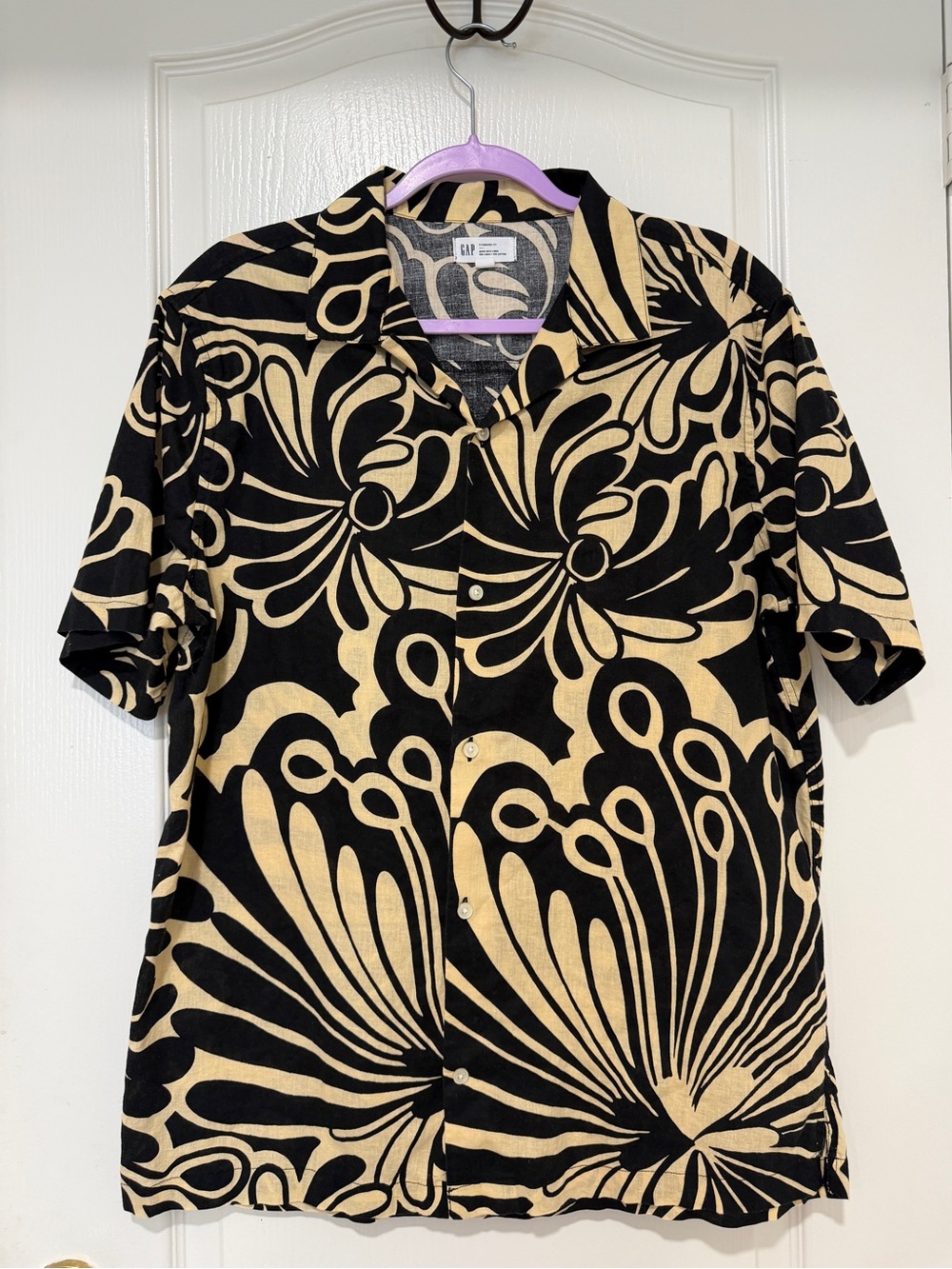 Gap Linen Blend Floral Camp Shirt Men's Large Black Beige Hawaiian